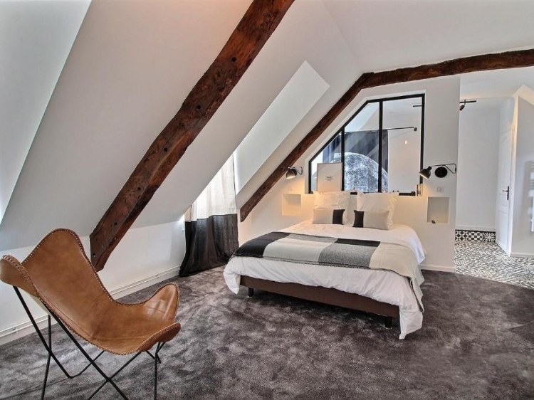 bedroom with open bathroom, artefact lamballe france, secretplaces, interior design