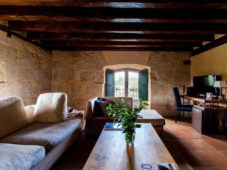 Living room, Wooden beams, Stone walls, Sofa and table, Hotel suite